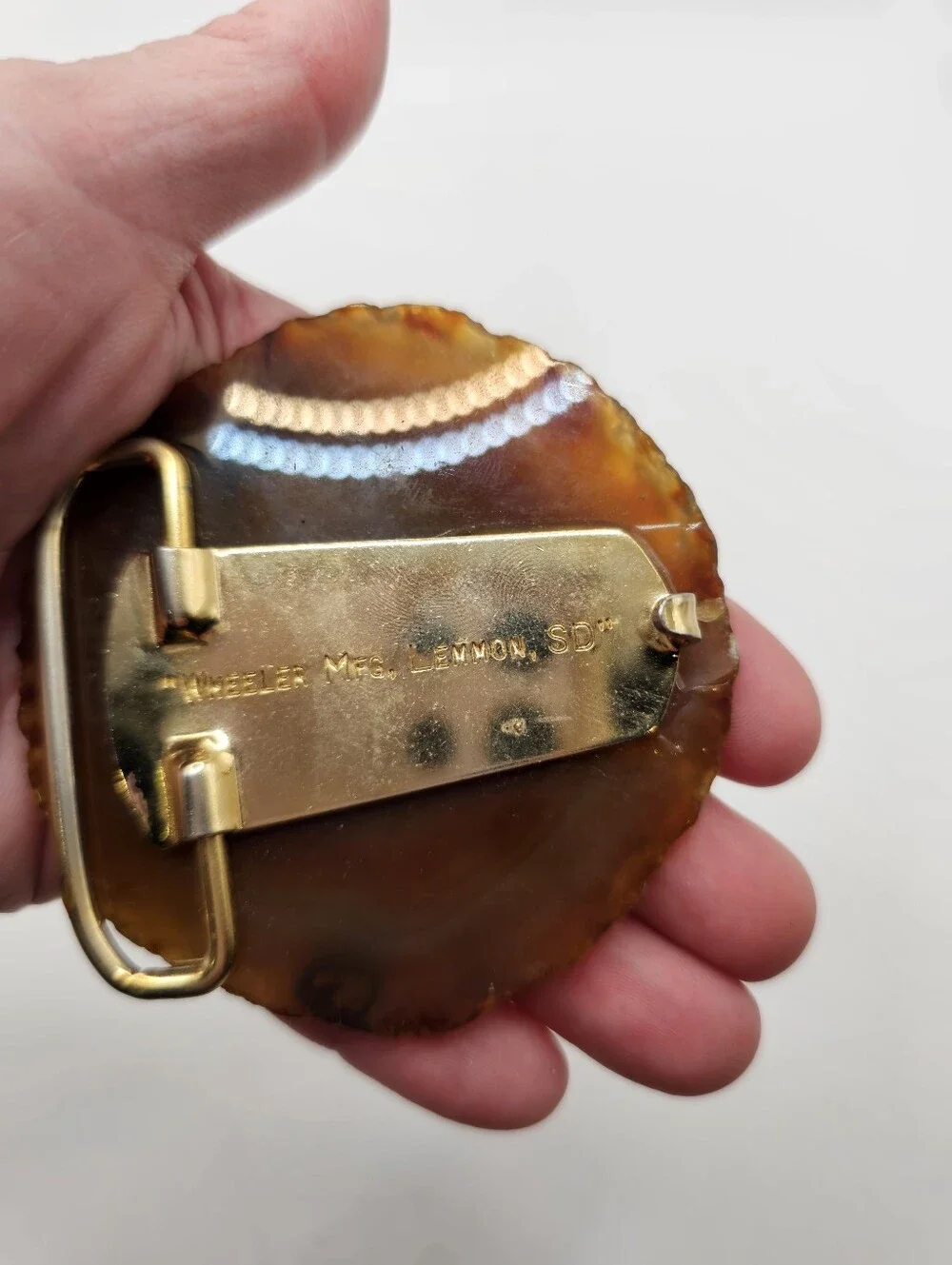 Vtg. Wheeler MFG Amber Montana Agate Belt Buckle